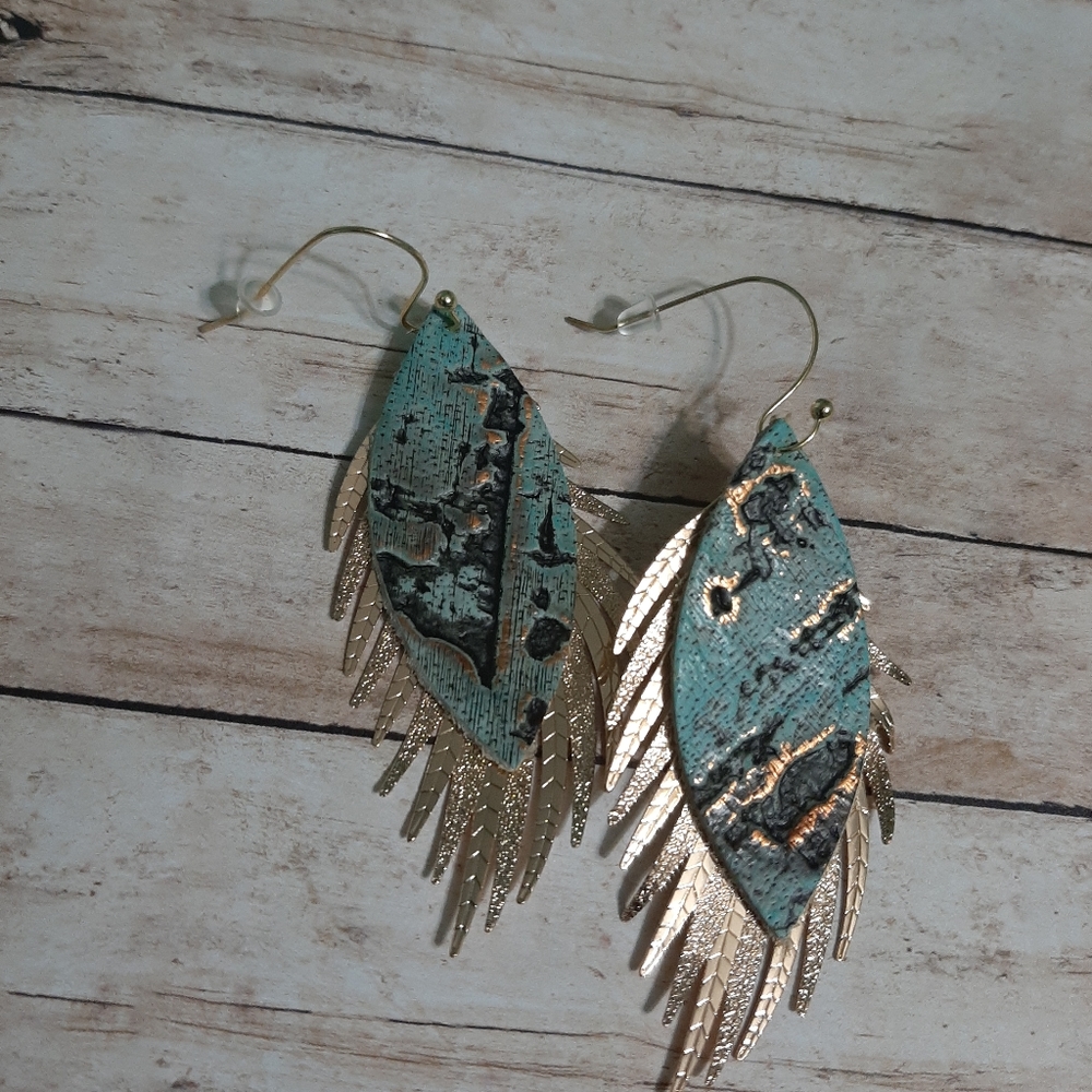 Leather Feather Drop Statement Earrings - image 6